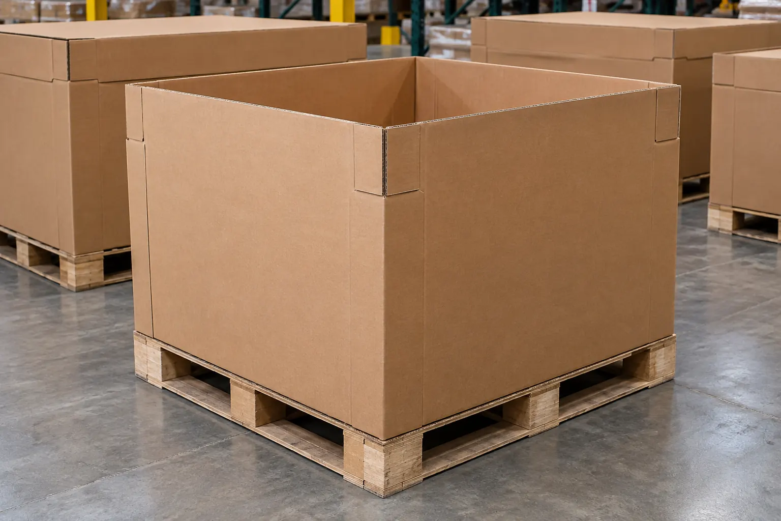 A used triple-wall gaylord on a wooden pallet on a warehouse floor, creased on one panel, with more bulk containers stacked behind it