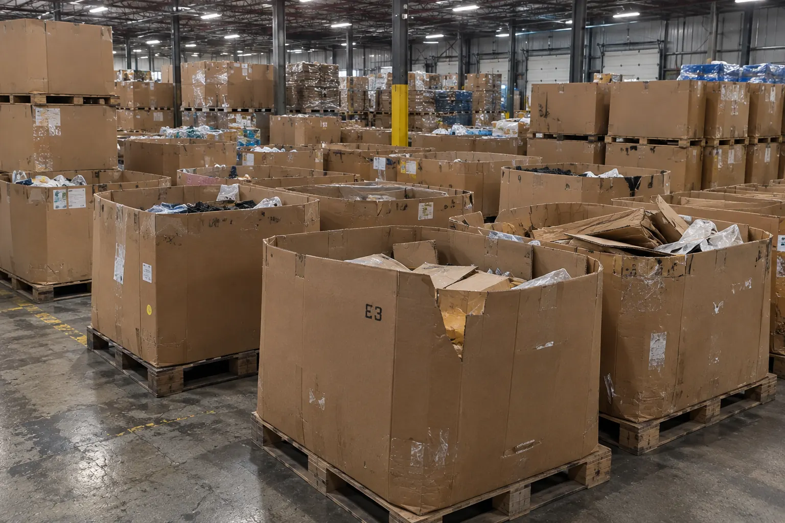 A clean open-top triple-wall bulk container on a pallet, photographed square-on in a warehouse