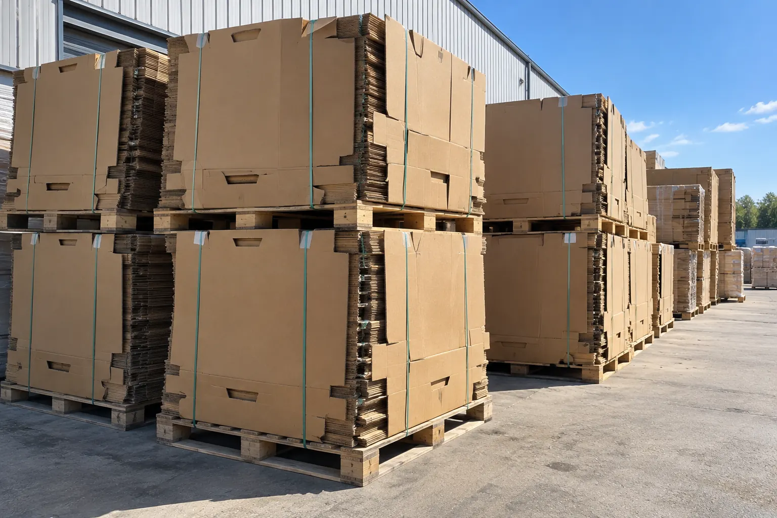 Rows of filled gaylord boxes on pallets across a large warehouse floor under industrial lighting