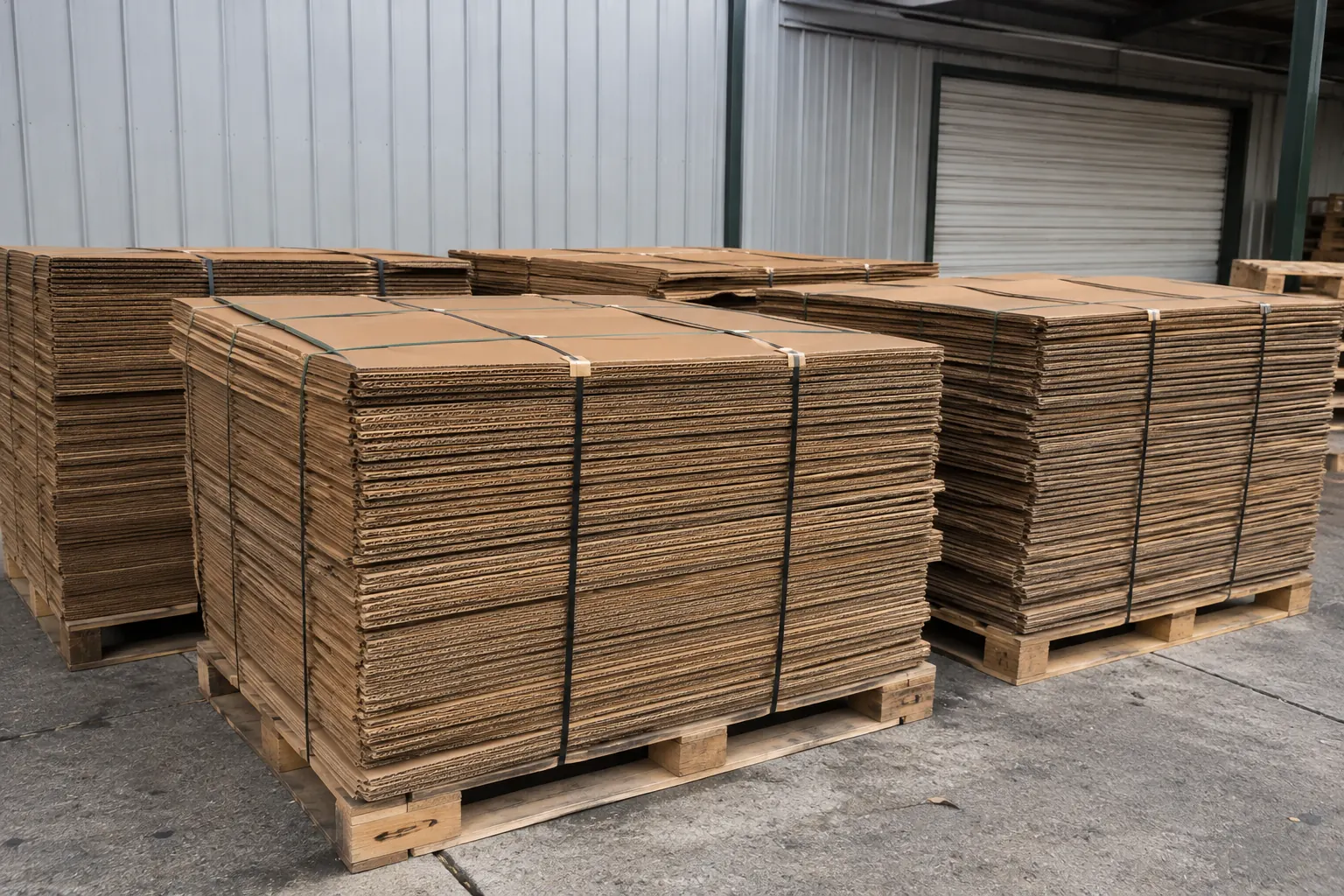 Stacks of banded gaylord boxes and knocked-down board on pallets in an outdoor yard under a blue sky