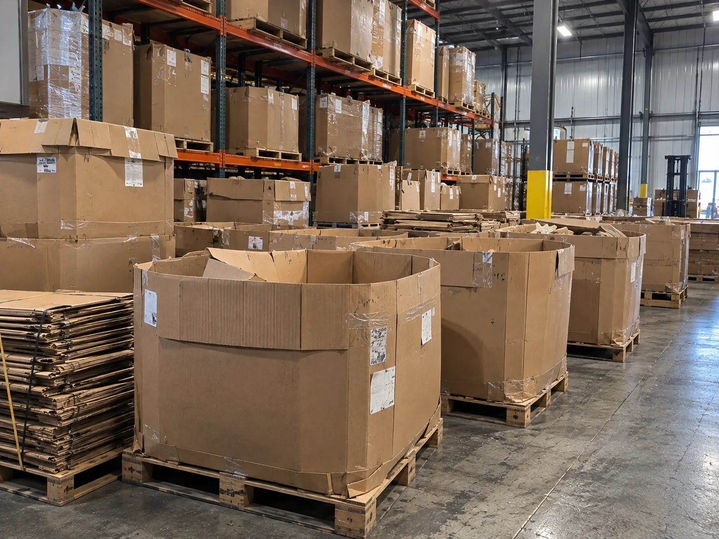 The inside of a loaded trailer seen from the rear doors, filled with banded gaylord boxes on pallets