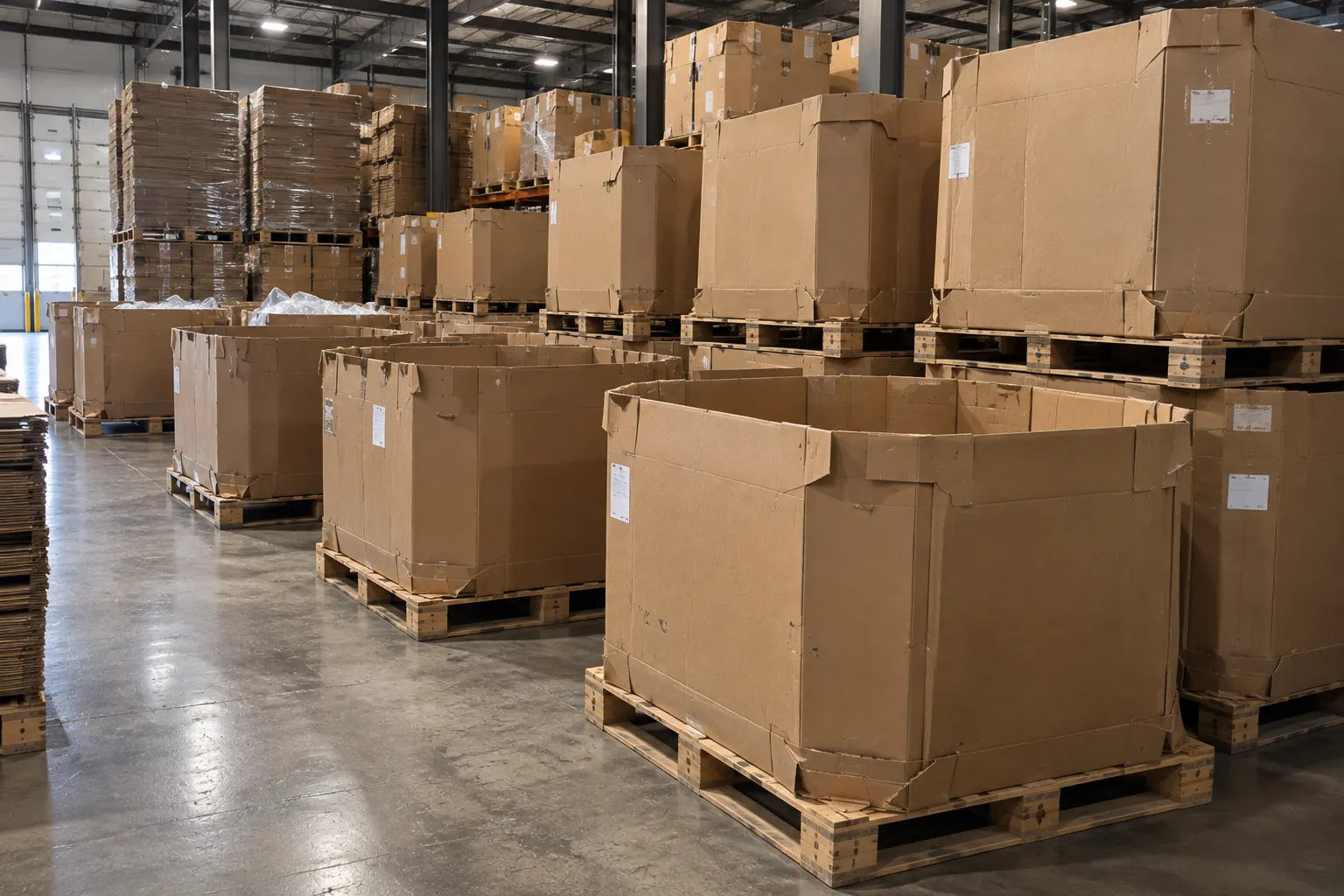 A wide view of a warehouse with pallet racking, gaylord boxes on the floor and knocked-down board stacked at the side